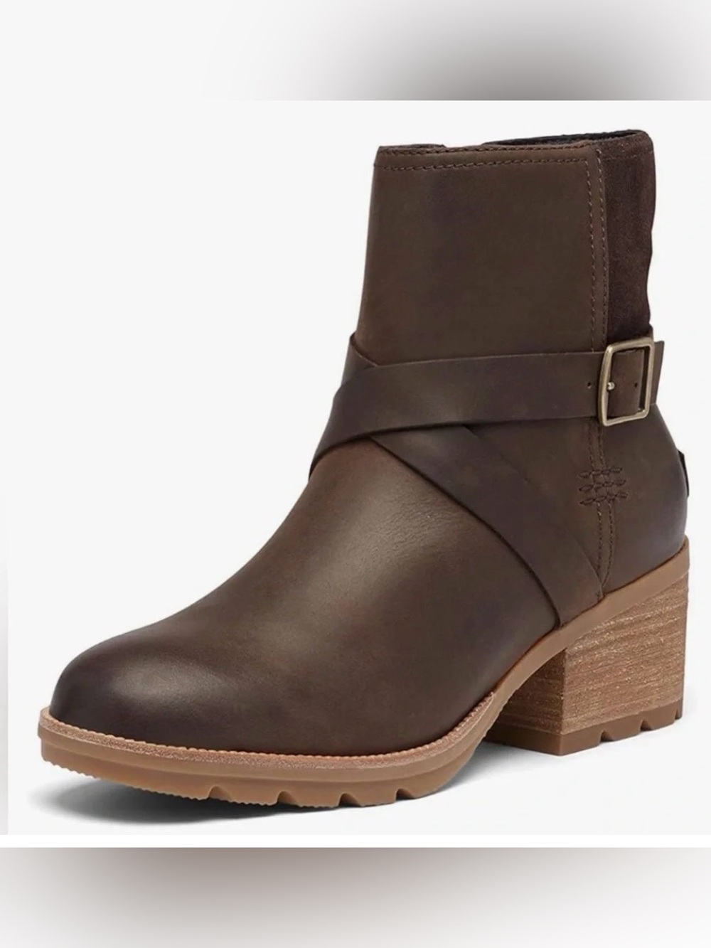 SOREL Cate Buckle Brown Leather Ankle Boots Gorpcore Rustic Moto Granola 8.5 - Picture 2 of 14